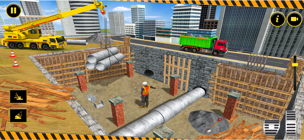 Gameplay of a construction simulator showing a yellow crane lifting concrete pipes at a city building site.
