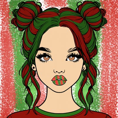 realistic girl with two buns in hair and lips