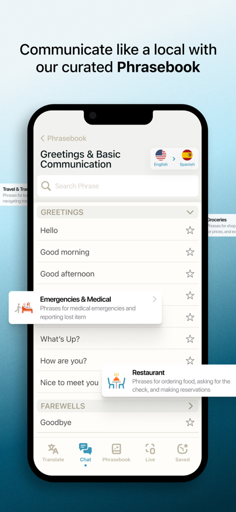 Mobile app interface showing a curated phrasebook for common travel categories like greetings and medical emergencies
