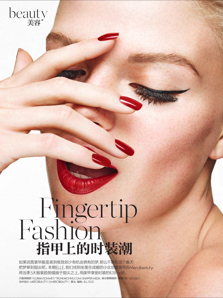 ELLE China - ELLE China beauty editorial showing a woman with red lipstick and red nails