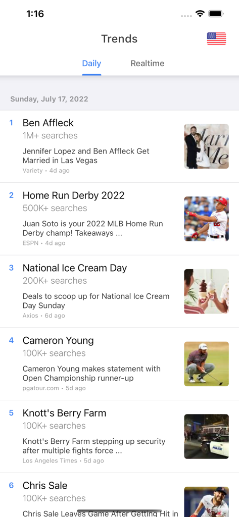 Trends on Google Trends - 米国のトップデイリートレンド検索トピックを表示するモバイルアプリ画面