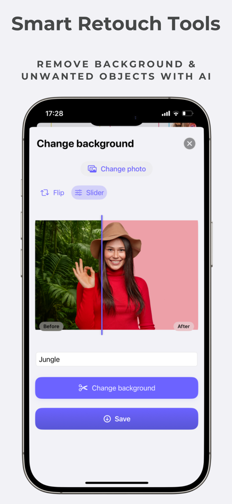PhotoTool - AI Photo Enhancer - Interface of PhotoTool app showing the AI background removal and change feature with a before and after comparison of a portrait photo.