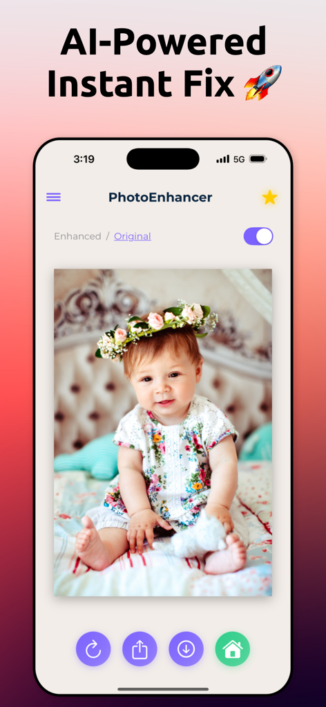 AI写真エンハンサーアプリ。花の冠をつけた赤ちゃんのポートレートに即時修正が適用されている様子を表示。