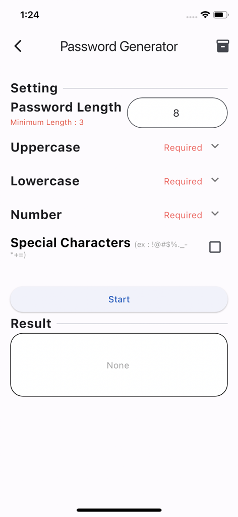 Screenshot of the password generator feature in the Draw Lots Tool app showing settings for length and character types