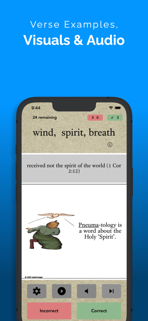 FlashGreek: Mounce edition - A flashcard in the FlashGreek app showing the definition of a Greek word with a mnemonic image and a Bible verse.