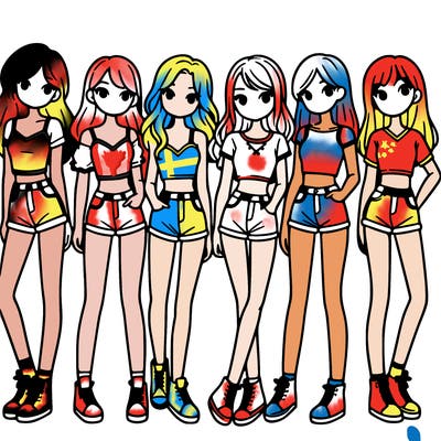 a group of girls wearing crop tops and shorts