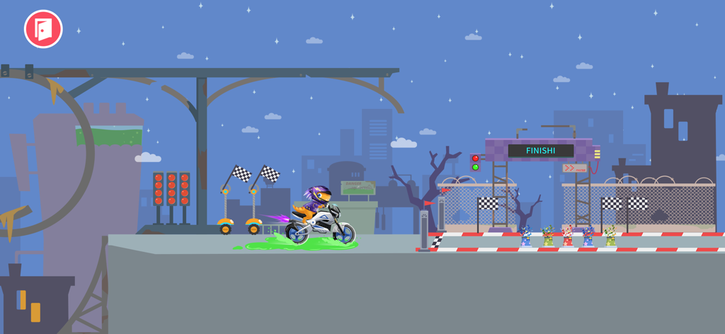 Dirt Bike Games Kids - A cartoon dinosaur character on a dirt bike crossing the finish line in an urban city level at night