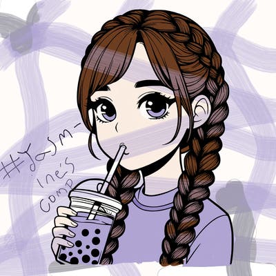 realistic girl with braided hair drinking boba