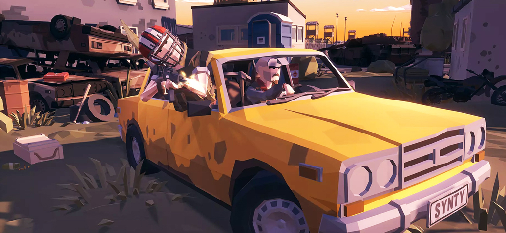Battle Island:Pixel PvP FPS - Pixelated characters shooting from a yellow car in a low-poly combat environment