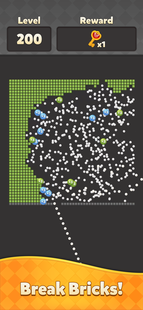 Bricks Legend - Bricks Legend gameplay at level 200 with hundreds of balls breaking a wall of green bricks