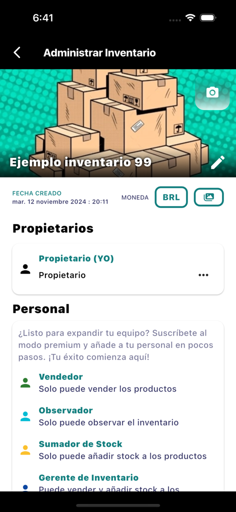 Inventario Facil - Interfaz de la aplicación Inventario Fácil mostrando la gestión de roles de equipo para el inventario de una pequeña empresa.