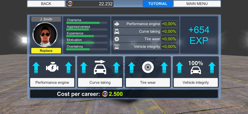 Race Master Manager - Pilot skills and vehicle performance upgrade screen in Race Master Manager showing driver J Smith