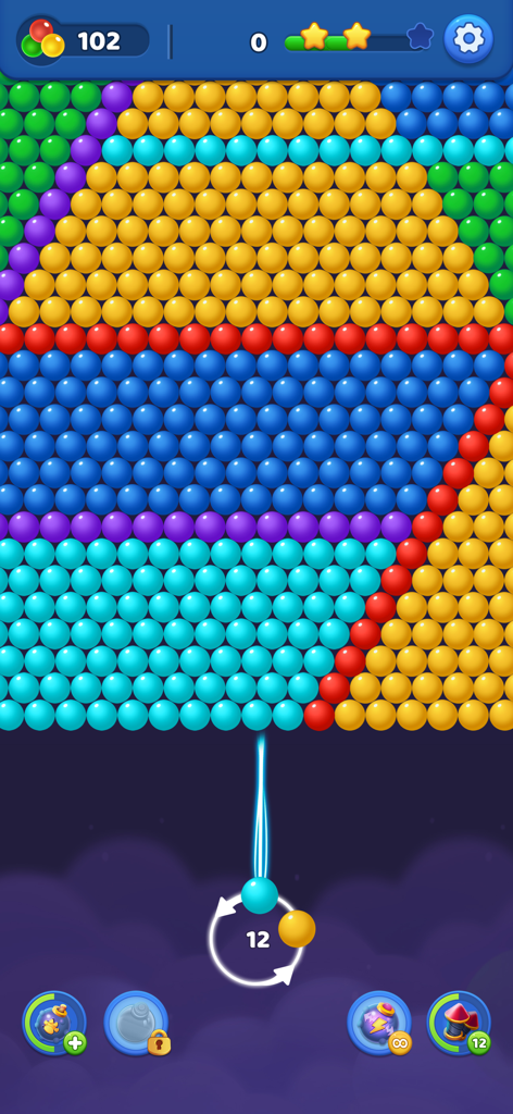 Bubble Pop！Bubble Shooter Game - 화려한 버블 보드와 다음 샷을 위한 조준 궤적을 보여주는 버블 슈터 게임 플레이 화면