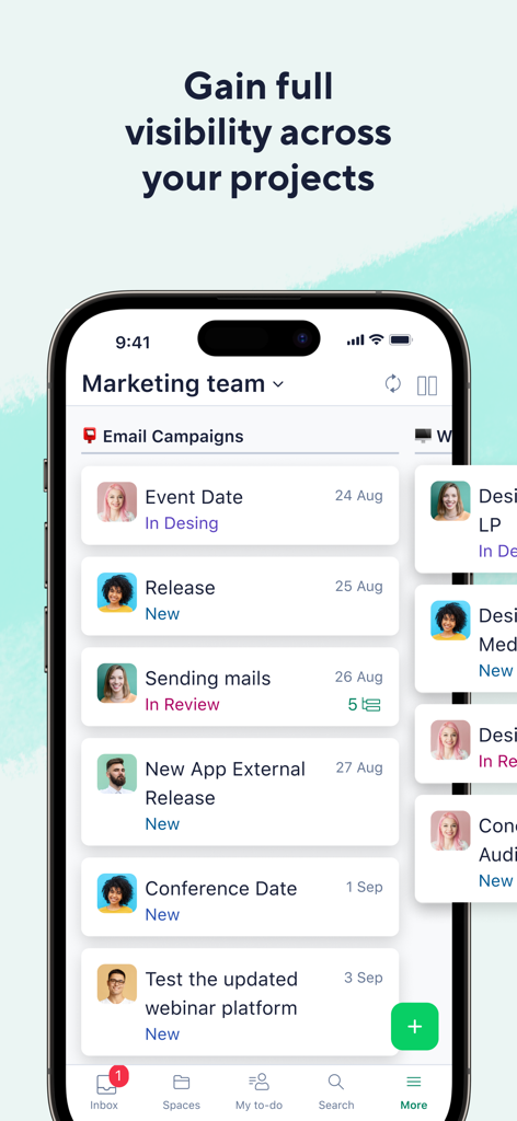 Wrikeモバイルアプリ。マーケティングチームのタスクとプロジェクトのステータス更新を表示しています。