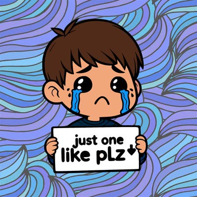 realistic crying boy with a sign saying just one like plz