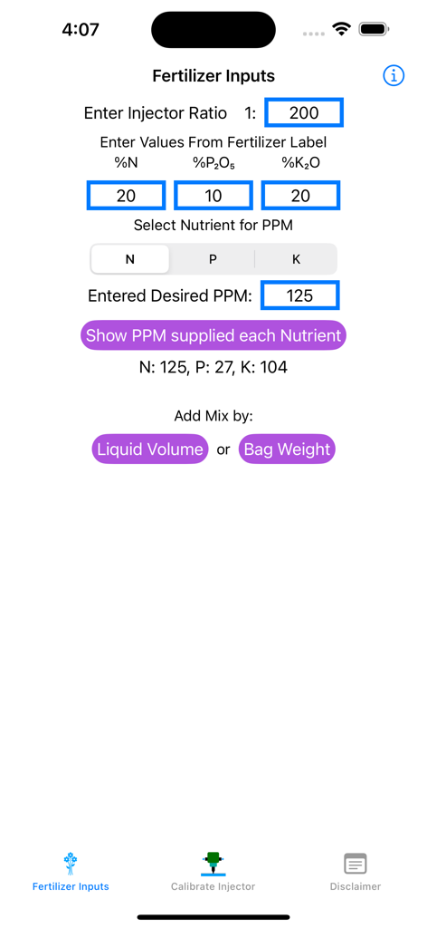 Greenhouse Fertilizer - Interface of the Greenhouse Fertilizer app showing input fields for injector ratio and NPK nutrient values for commercial greenhouse growers
