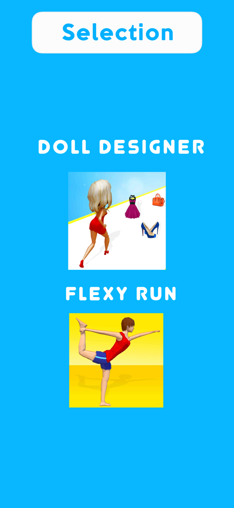 Makeup Girls Dress up Game - Menú de selección de juego que muestra las opciones Doll Designer y Flexy Run sobre un fondo azul.