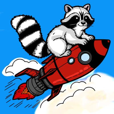 realistic raccoon flying on top rocket ship