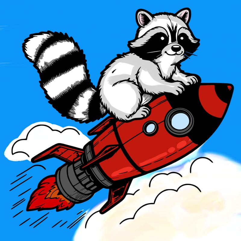 realistic raccoon flying on top rocket ship
