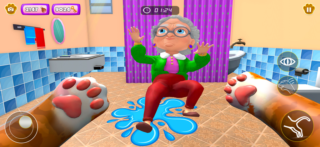 Prankster Granny Cat Life - First person view of a cat pranking granny in a bathroom by making her slip on water