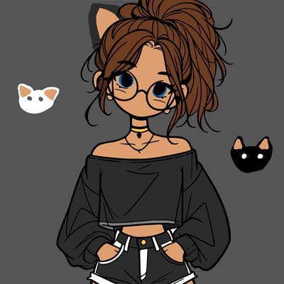 girl with a messy ponytail glasses a baggy crop top and jean shorts