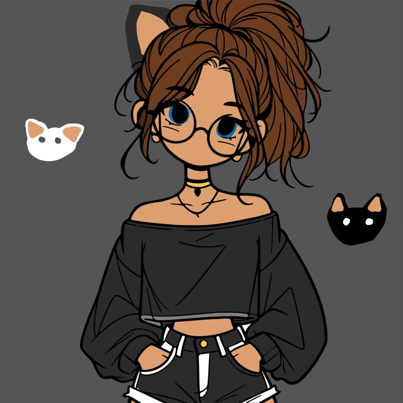 girl with a messy ponytail glasses a baggy crop top and jean shorts