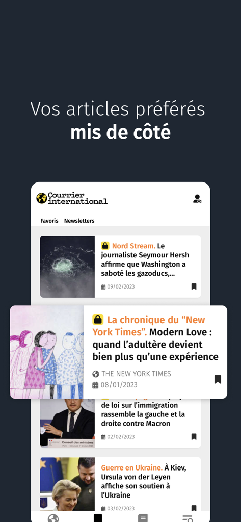 Courrier international - Interface of the Courrier International app showing a list of saved news articles for later reading