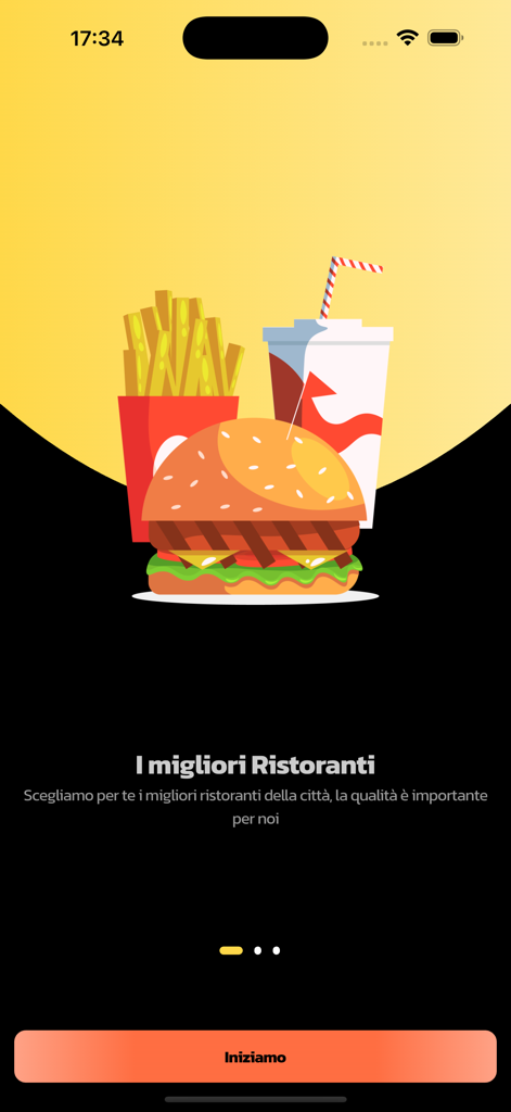 Flash-Deliveryのオンボーディング画面。ハンバーガー、フライドポテト、飲み物のイラスト付き