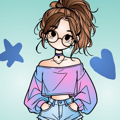 girl with a messy ponytail glasses a baggy crop top and jean shorts