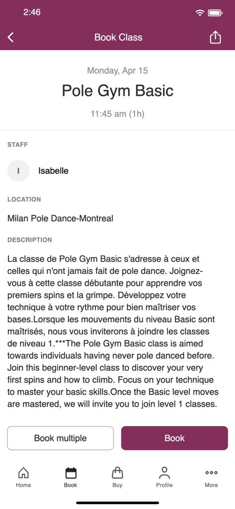 Milan Pole Dance Studio - Pantalla de reserva de la app Milan Pole Dance Studio para una clase de Pole Gym Basic