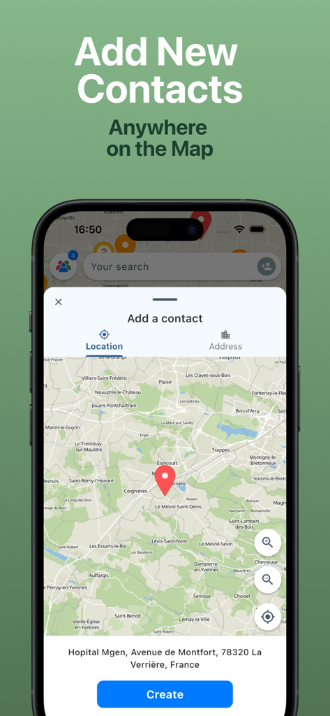 Contact Map - Address Mapping - Interface of Contact Map app showing how to add a new contact by selecting a specific location directly on the map.