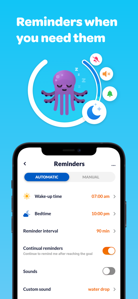 Waterful® Drink water tracker - Interface of the Waterful app showing hydration reminder settings including wake up time bedtime and notification intervals