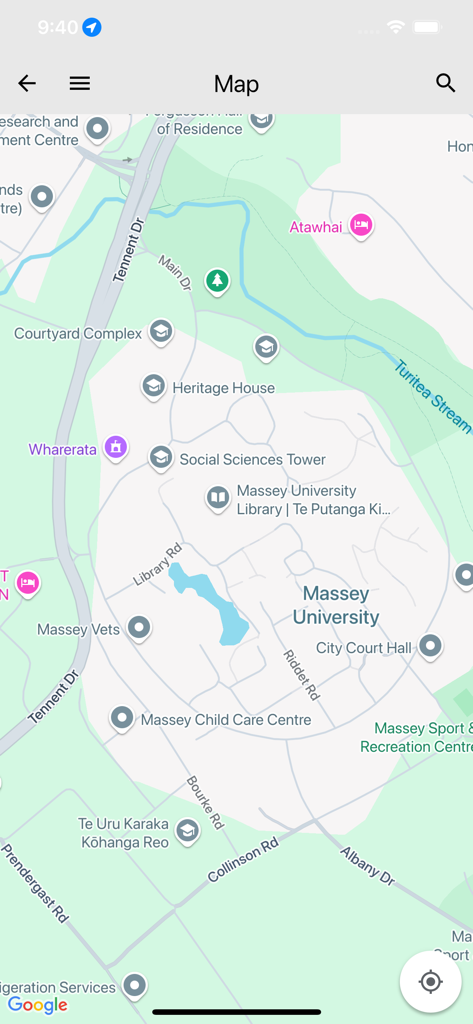 A detailed campus map within the Massey Uni mobile app showing various university buildings and facilities.