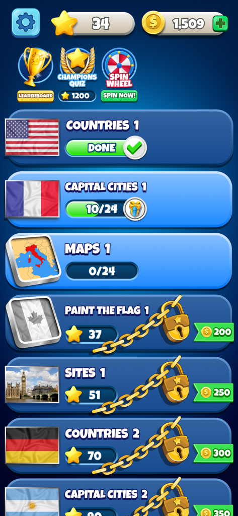Flag Quiz - Guess All Flags - Menu du jeu Quiz des Drapeaux montrant des niveaux de géographie incluant les capitales des pays et les cartes