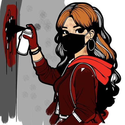 realistic girl with mask spray painting a wall