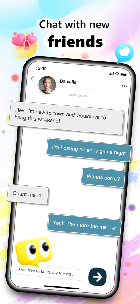 Captura de pantalla de una aplicación móvil que muestra una conversación de chat entre dos usuarias planeando una reunión social en la plataforma de la comunidad lesbiana L-feeling