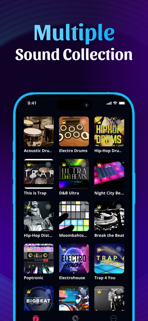 Drum Pad, Beat Maker - Electro - Una interfaz móvil mostrando una biblioteca de diferentes paquetes de sonidos musicales que incluyen Trap Hip Hop y EDM para crear ritmos