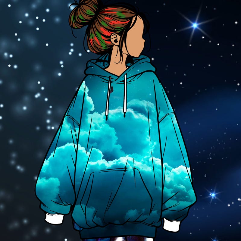 realistic girl with a oversized sweatshirt on and a bun