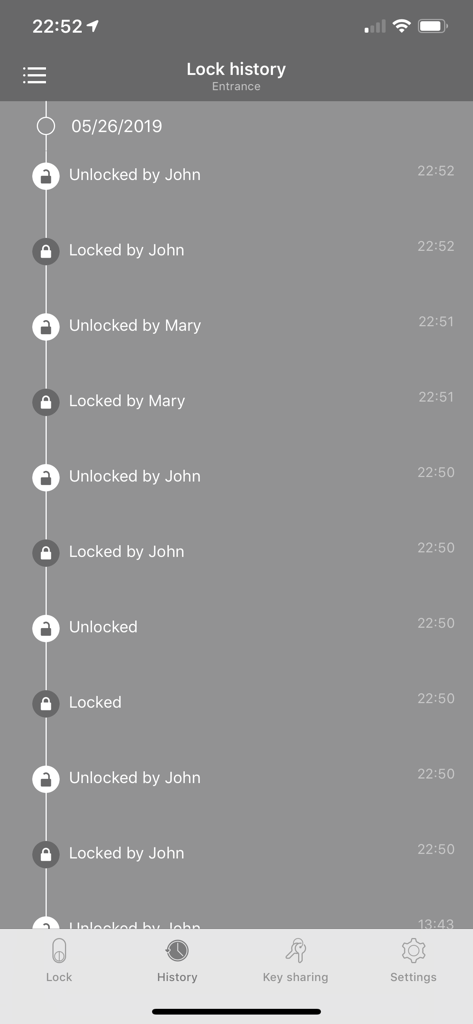 Qrio Lock - Qrio Lockアプリの履歴画面のスクリーンショット。さまざまなユーザーによるロックおよびアンロックイベントのタイムラインが表示されています。