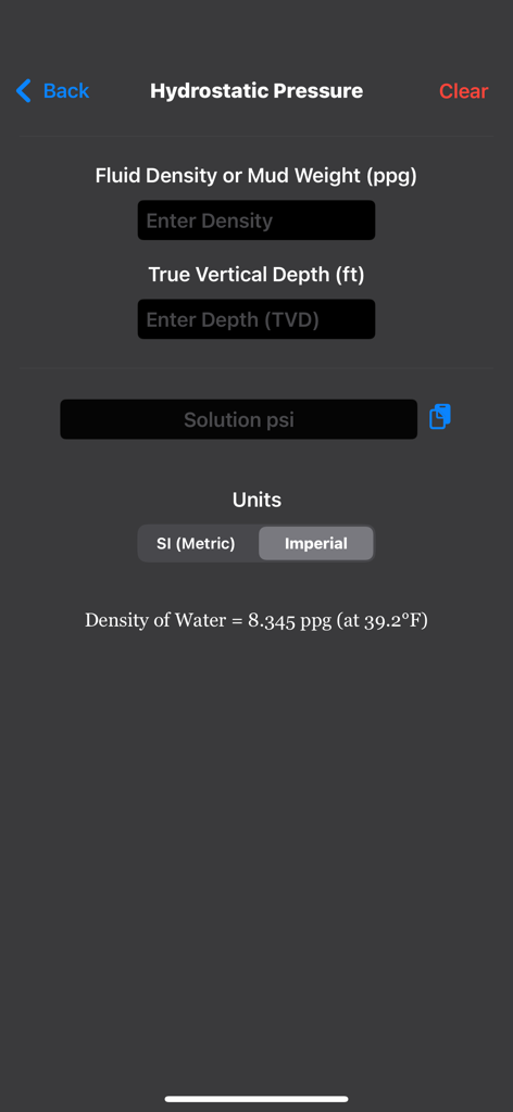 Petroleum Field Calculator - Hydrostatic pressure calculator interface with fields for fluid density and true vertical depth