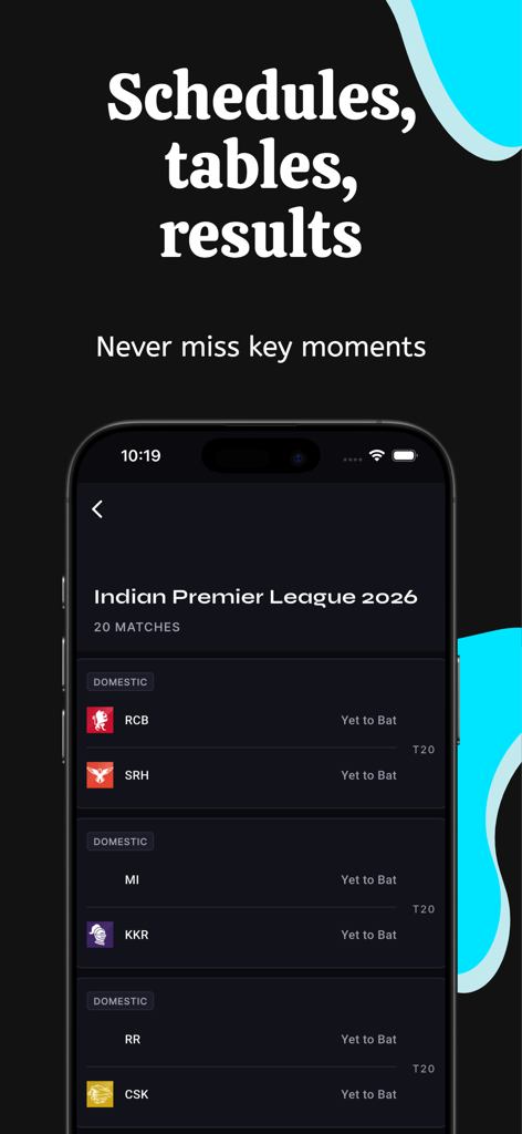 Smartphone mostrando el calendario de partidos de la IPL 2026 y los equipos en la aplicación CrickTrack