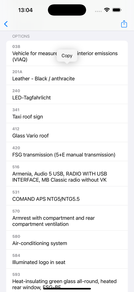 VIN decoder for Mercedes-Benz - Una lista detallada de opciones y códigos de equipamiento originales de fábrica para un vehículo Mercedes-Benz decodificado de su VIN