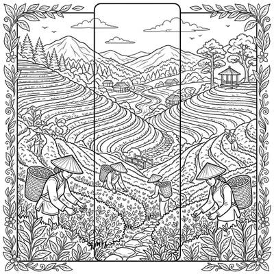 Embark on a tranquil coloring journey with this beautiful tea plantation bookmark. Featuring intricate details of workers harvesting tea leaves amidst rolling hills, it's perfect for a creative escape.