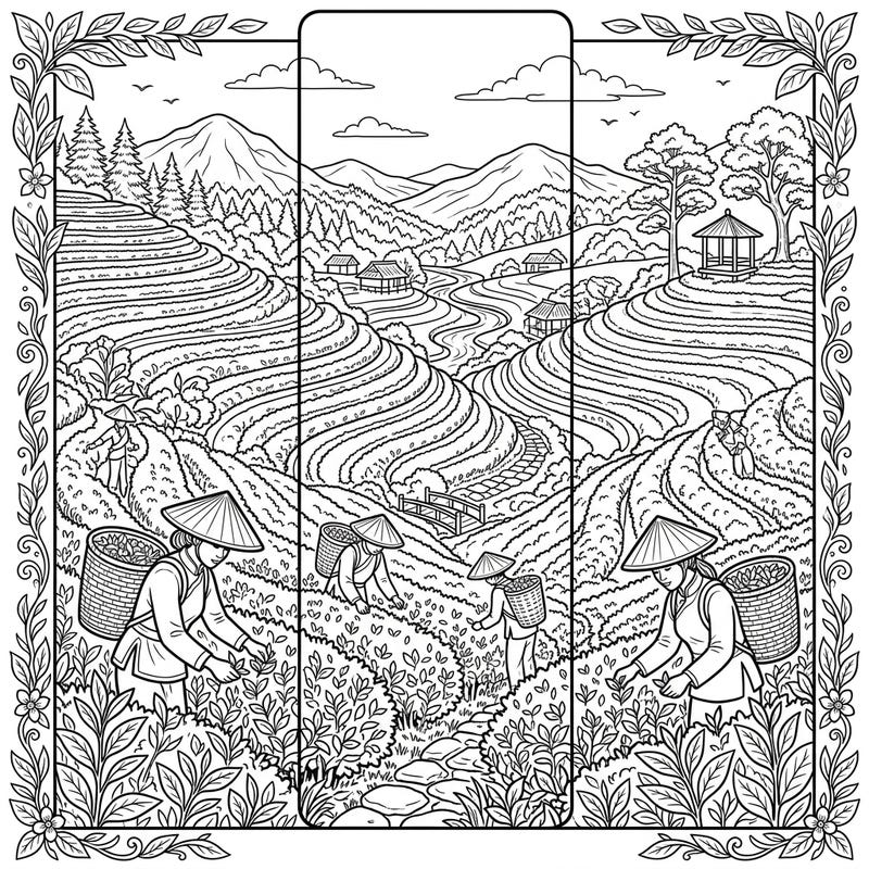 Embark on a tranquil coloring journey with this beautiful tea plantation bookmark. Featuring intricate details of workers harvesting tea leaves amidst rolling hills, it's perfect for a creative escape.