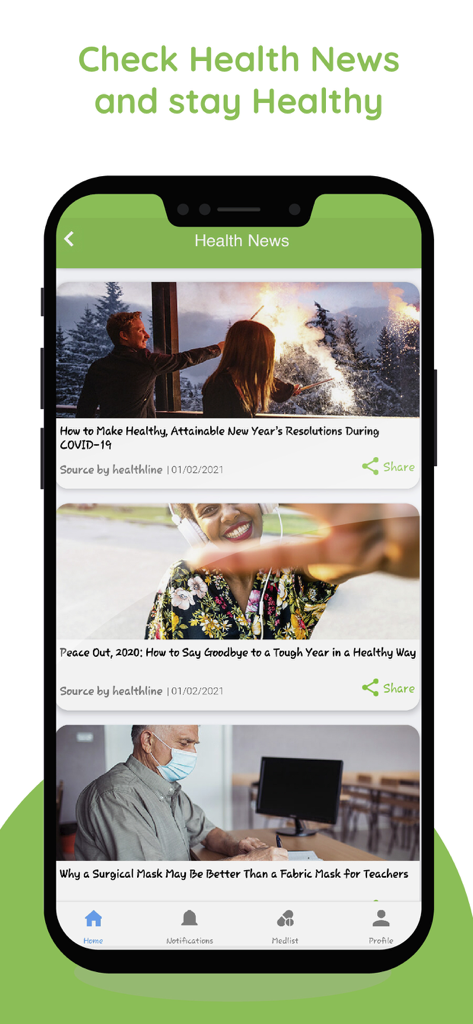 The health news section of the MedSearch app showing recent articles