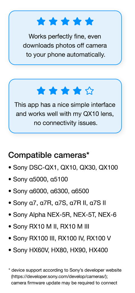 GoCamera – PlayMemories Mobile - List of compatible Sony camera models and positive user reviews for the GoCamera app