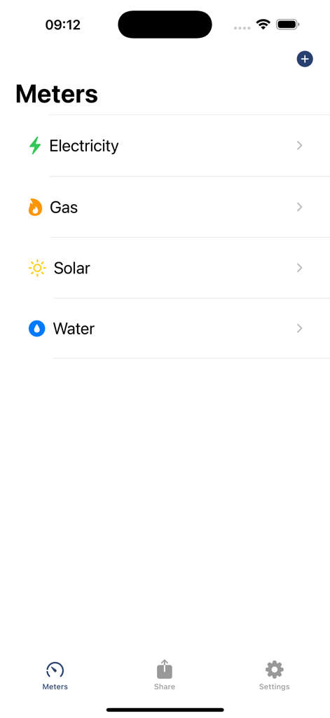 MeterPix - MeterPix app dashboard displaying a list of utility meters for electricity gas solar and water