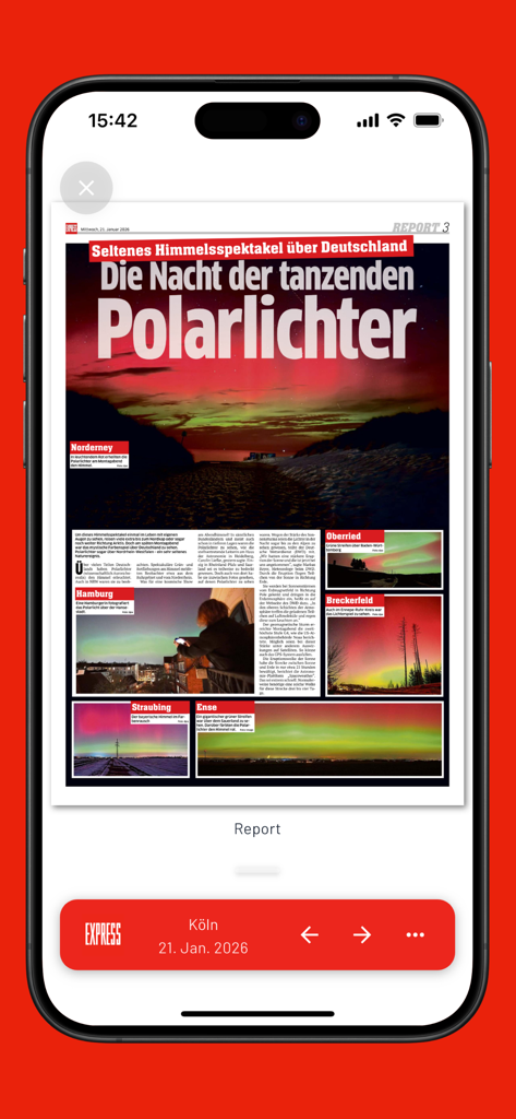 Digital newspaper page in the EXPRESS E-Paper app on an iPhone