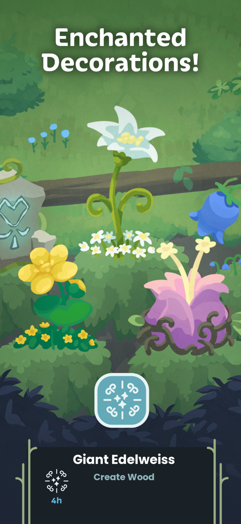 A display of enchanted flower decorations including a Giant Edelweiss in the Hatch Dragons forest.