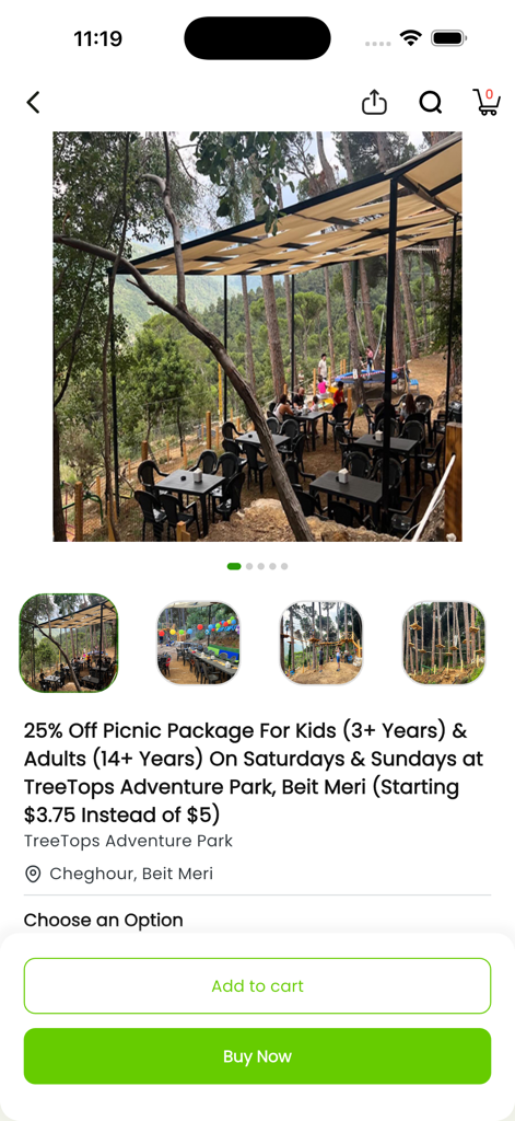 Makhsoom - Makhsoom app screen showing a picnic package deal at TreeTops Adventure Park in Beit Meri Lebanon